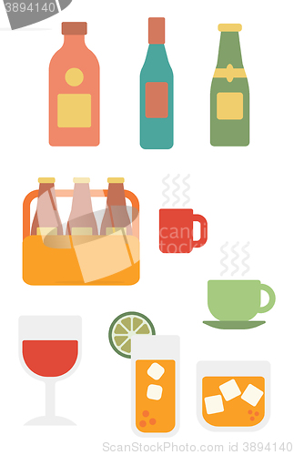 Image of Various glasses and bottles of alcohol and cups of hot beverages.