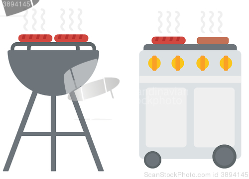 Image of Kettle barbecue grill with cover and barbecue gas grill. 