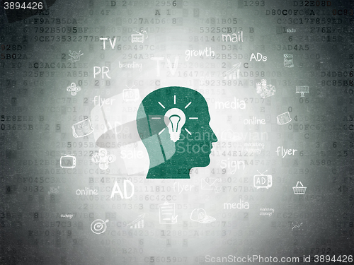 Image of Advertising concept: Head With Light Bulb on Digital Data Paper background