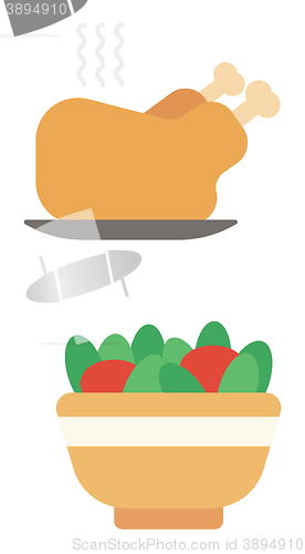 Image of Whole roasted chicken and bowl full of tomatoes and cucumbers.
