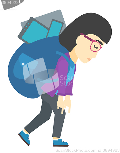 Image of Woman with backpack full of devices.