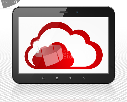Image of Cloud computing concept: Tablet Pc Computer with Cloud on display