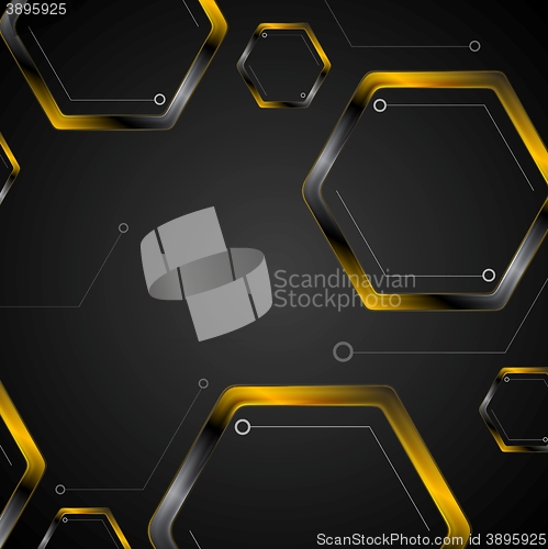 Image of Dark tech background with black orange hexagons