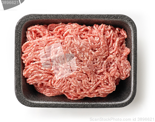 Image of fresh raw ground pork in black plastic try