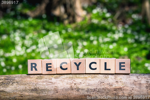 Image of Recycle sign in a green forest