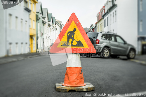 Image of Roadwork sign on a cone