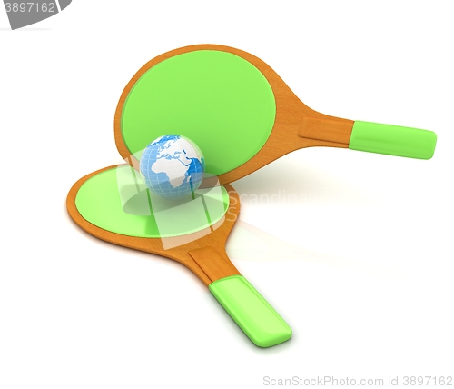 Image of Rackets for playing table tennis and Earth. Global concept. 3D r