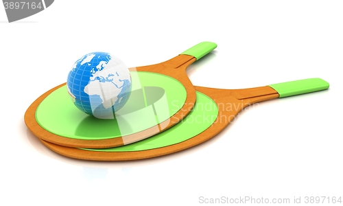 Image of Rackets for playing table tennis and Earth. Global concept. 3D r