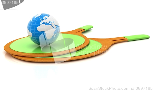 Image of Rackets for playing table tennis and Earth. Global concept. 3D r