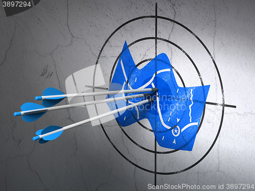 Image of Vacation concept: arrows in Map target on wall background