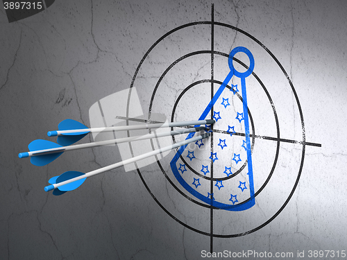 Image of Holiday concept: arrows in Party Hat target on wall background