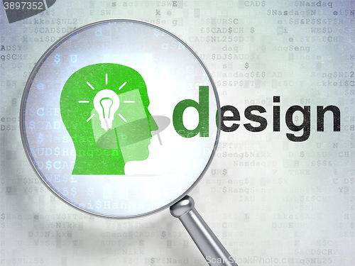 Image of Advertising concept: Head With Light Bulb and Design with optical glass