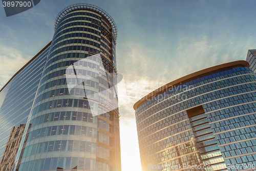 Image of Skyscrapers against blue sky