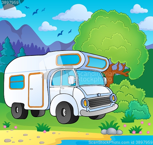 Image of Camping van on lake shore