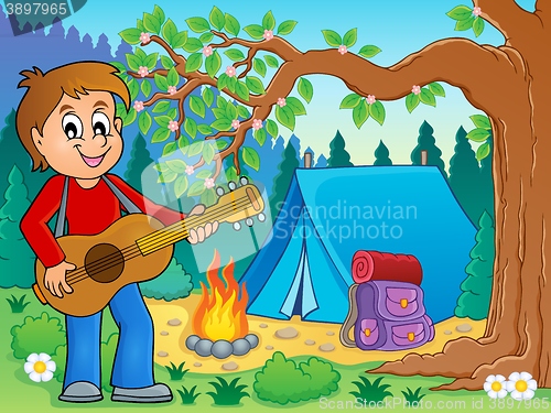 Image of Boy guitar player in campsite theme 2