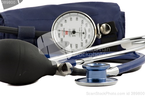 Image of Blue Stethoscope & blood-pressure device isolated on white