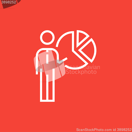 Image of Businessman pointing at the pie chart line icon.