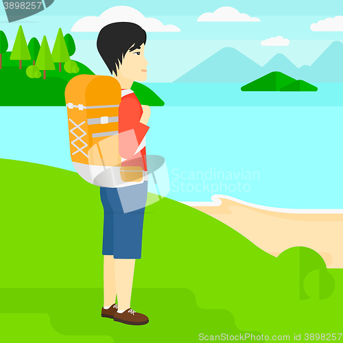 Image of Man with backpack hiking.