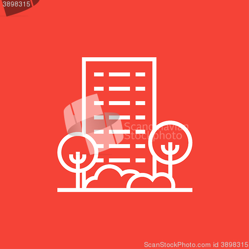 Image of Residential building with trees line icon.