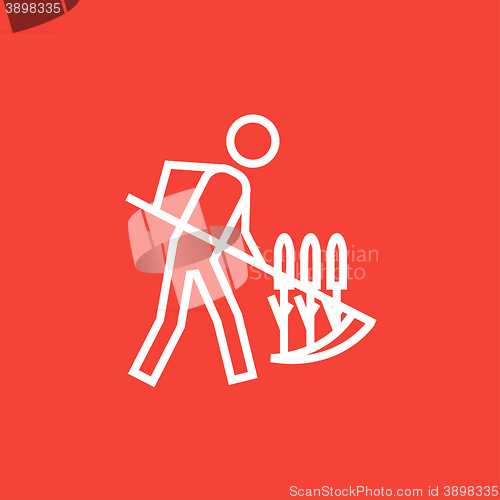 Image of Man mowing grass with scythe line icon.