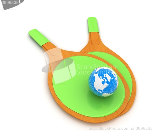 Image of Rackets for playing table tennis and Earth. Global concept. 3D r