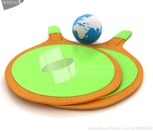 Image of Rackets for playing table tennis and Earth. Global concept. 3D r