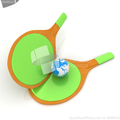 Image of Rackets for playing table tennis and Earth. Global concept. 3D r