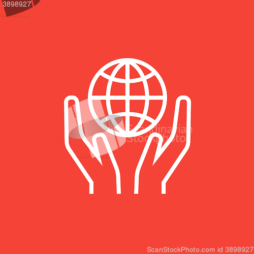 Image of Two hands holding globe line icon.