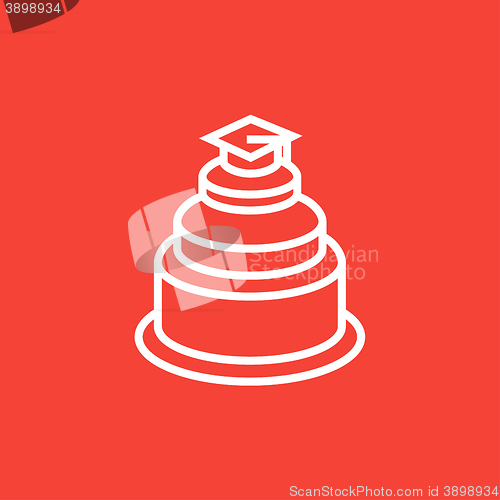 Image of Graduation cap on top of cake line icon.