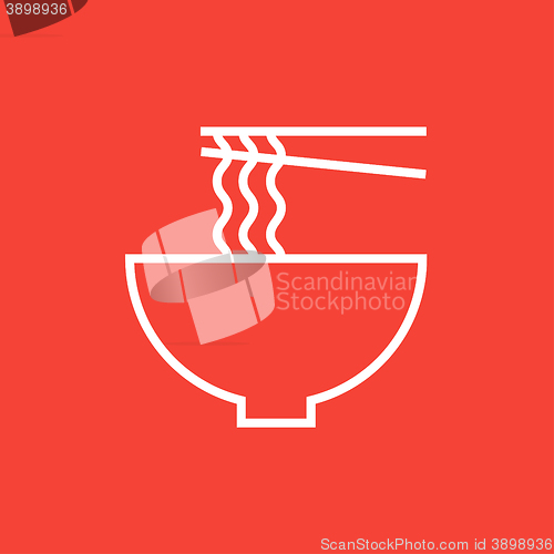 Image of Bowl of noodles with pair chopsticks line icon.