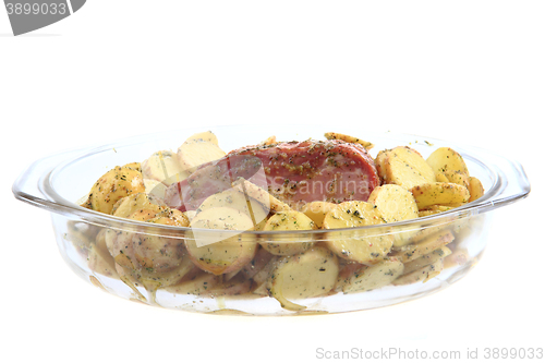 Image of smoked meat and raw potatoes 