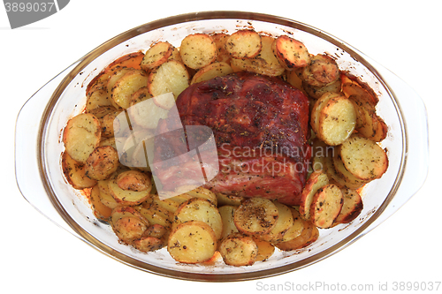 Image of smoked and grilled meat with potatoes slice