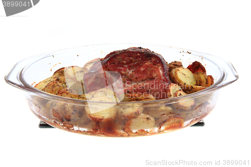 Image of smoked and grilled meat with potatoes slice