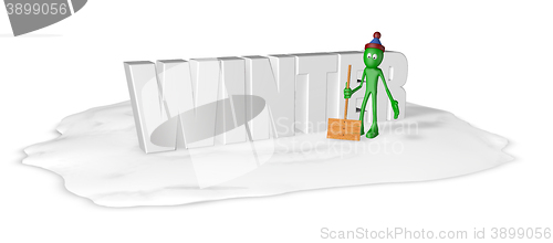 Image of cartoon guy with snow shovel and the word winter - 3d rendering