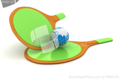 Image of Rackets for playing table tennis and Earth. Global concept. 3D r