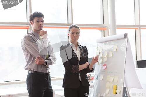 Image of young couple working on flip board at office