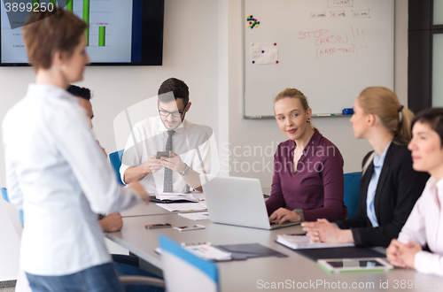 Image of young business people group on team meeting at modern office