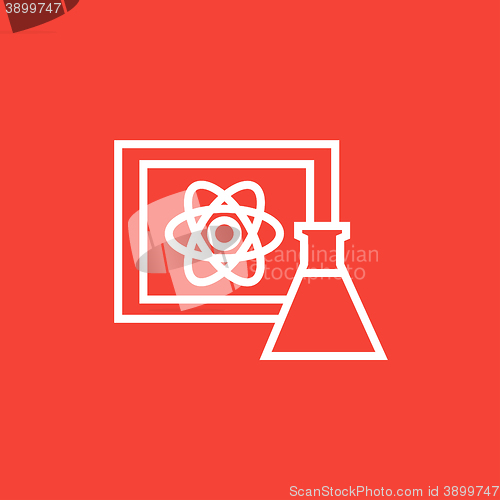 Image of Atom sign drawn on board and flask line icon.