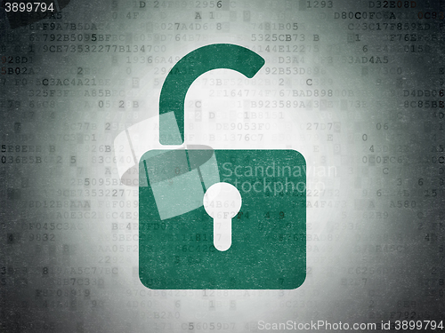 Image of Information concept: Opened Padlock on Digital Data Paper background