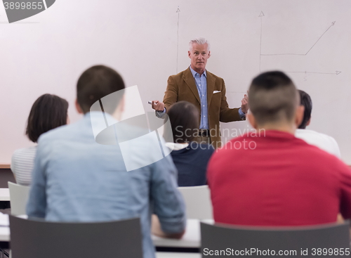 Image of teacher with a group of students in classroom