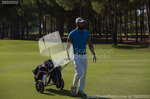 Image of golf player walking with wheel bag