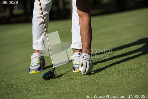 Image of golf player placing ball on tee