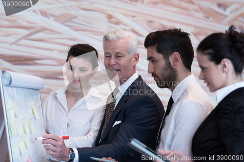 Image of business people group brainstorming and taking notes to flipboar