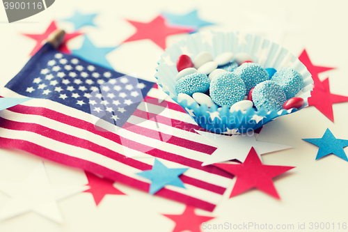 Image of candies with american flag on independence day