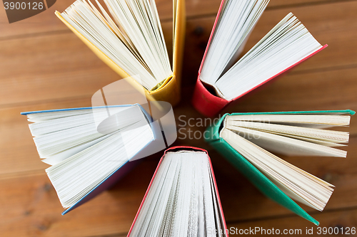 Image of close up of books on wooden table