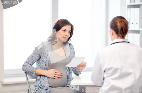 Image of gynecologist doctor and pregnant woman at hospital