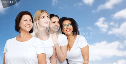 Image of group of happy different women in white t-shirts