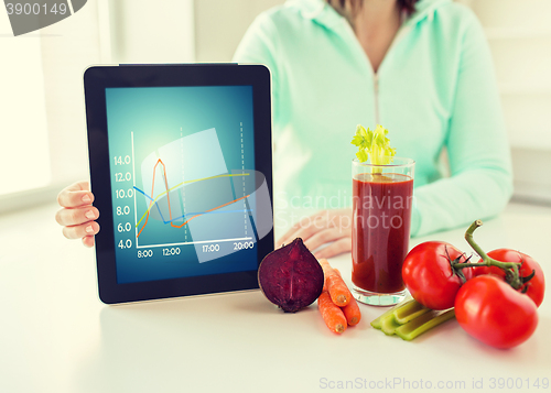 Image of close up of woman with tablet pc and vegetables