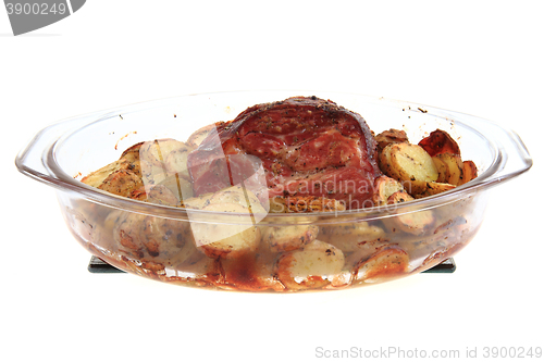 Image of smoked and grilled meat with potatoes slice