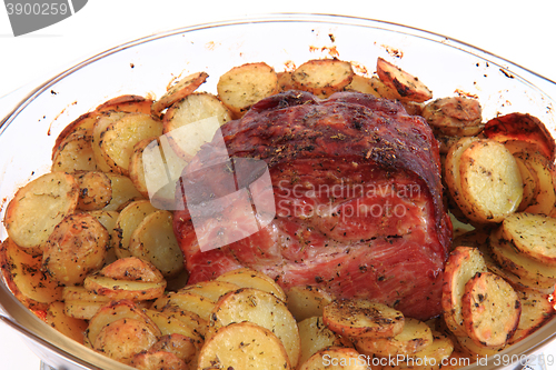 Image of smoked and grilled meat with potatoes slice